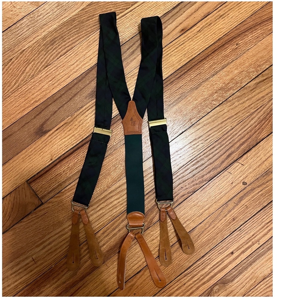 Polo Ralph Lauren Mens Black Watch Plaid Suspenders Y-Back Leather Button End